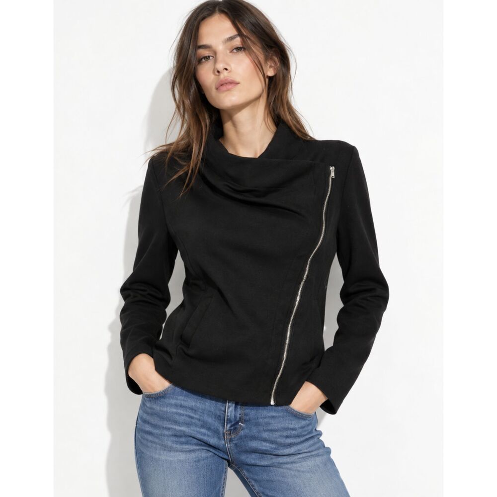 Anthropologie W5 Black Moto Jacket Small Asymmetrical Zip Cowl Neck Biker Jacket